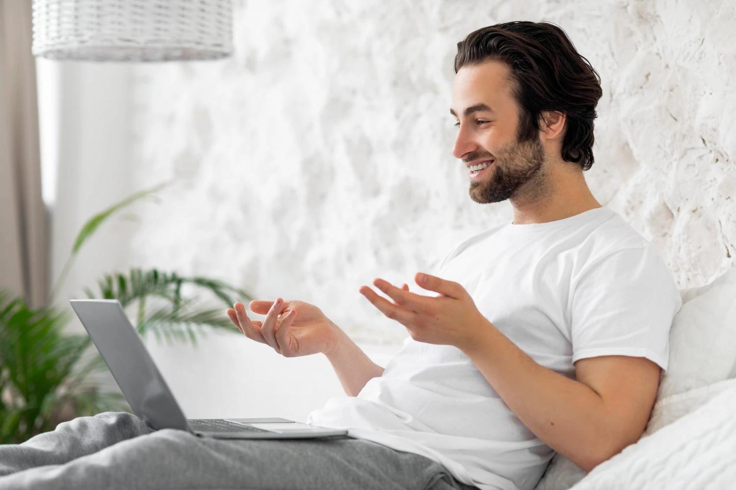 Patient enjoying a virtual telehealth consultation with a healthcare provider on a tablet from the comfort of home Patient enjoying a virtual telehealth consultation with a healthcare provider on a tablet from the comfort of home