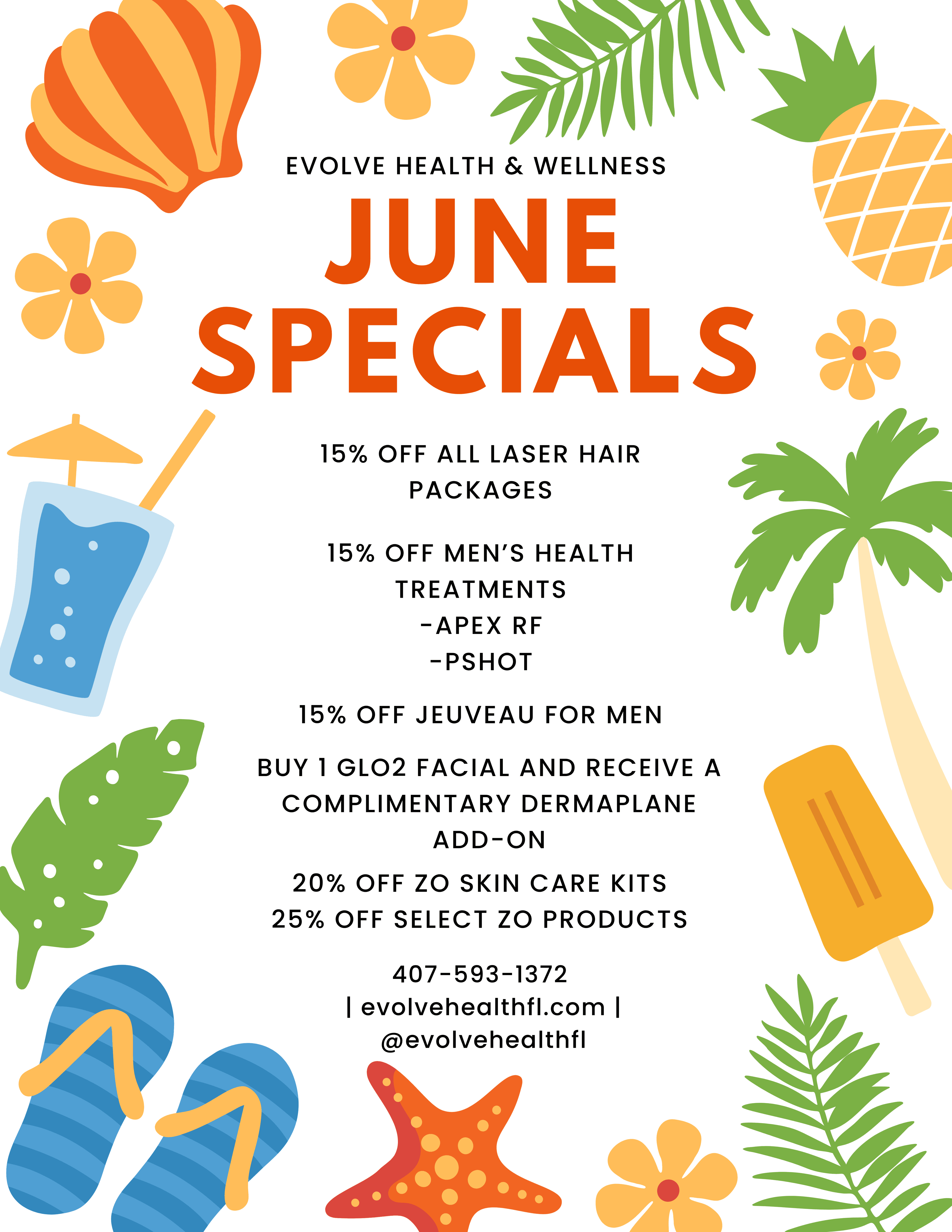June specials at Evolve Health & Wellness: 15% off laser hair packages, men's health treatments, and Jeuveau for men; buy one Glo2 facial and get a complimentary dermaplane add-on; 20–25% off ZO skin care.